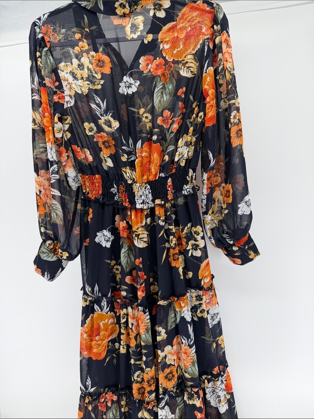 Sheer Floral Tiered Maxi Dress in navy and Orange size 6 - Picture 5 of 5